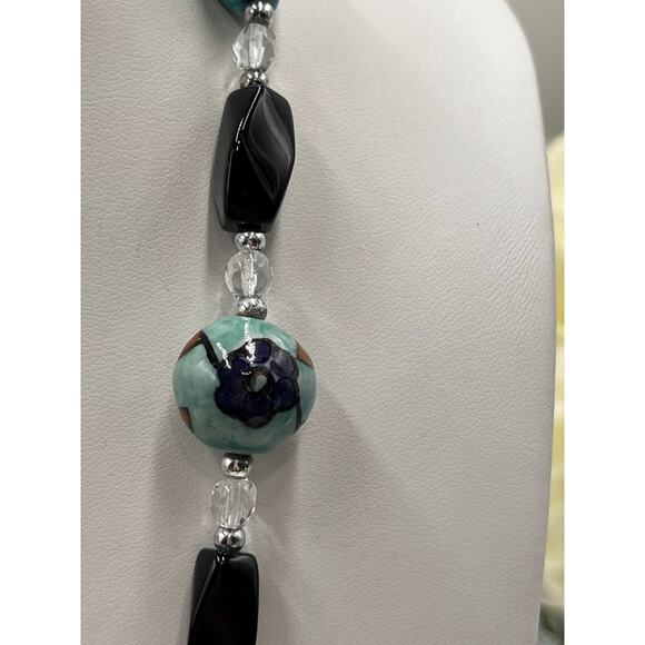 Turquoise, Black Onyx, Faceted Glass and Ceramic Beaded One Strand Necklace - Picture 5 of 12